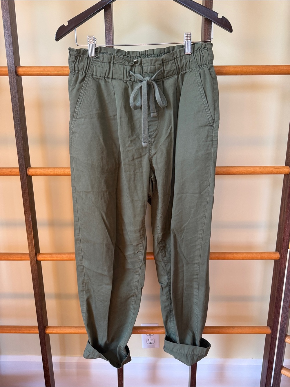 LOFT Olive Drawstring Straight-Leg Cotton Lightweight Pants Spring Summer